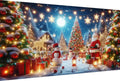 Christmas scene with decorated trees, Santa Claus, snowmen, reindeer, and gifts under a starry night sky with a full moon.