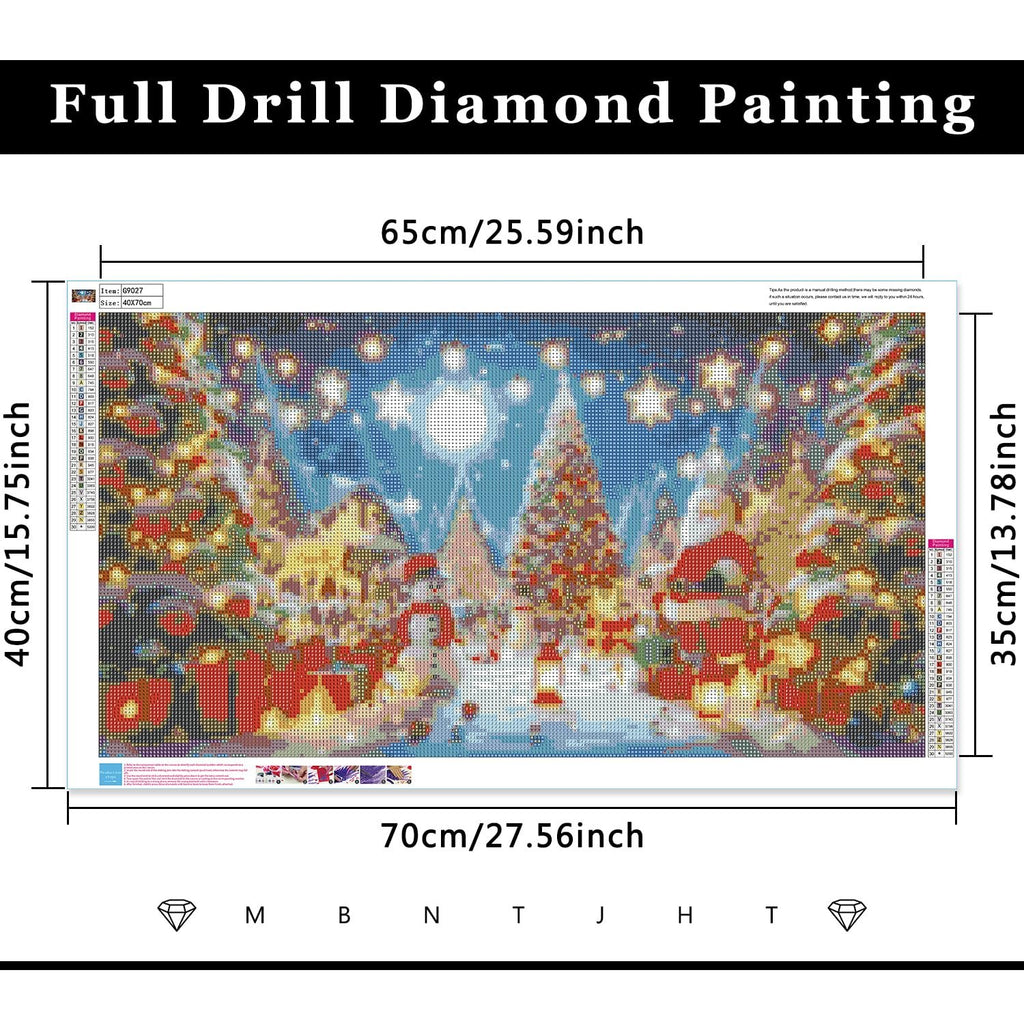Full drill diamond painting kit featuring a Christmas scene with Santa, snowmen, and a decorated tree, with size dimensions indicated.
