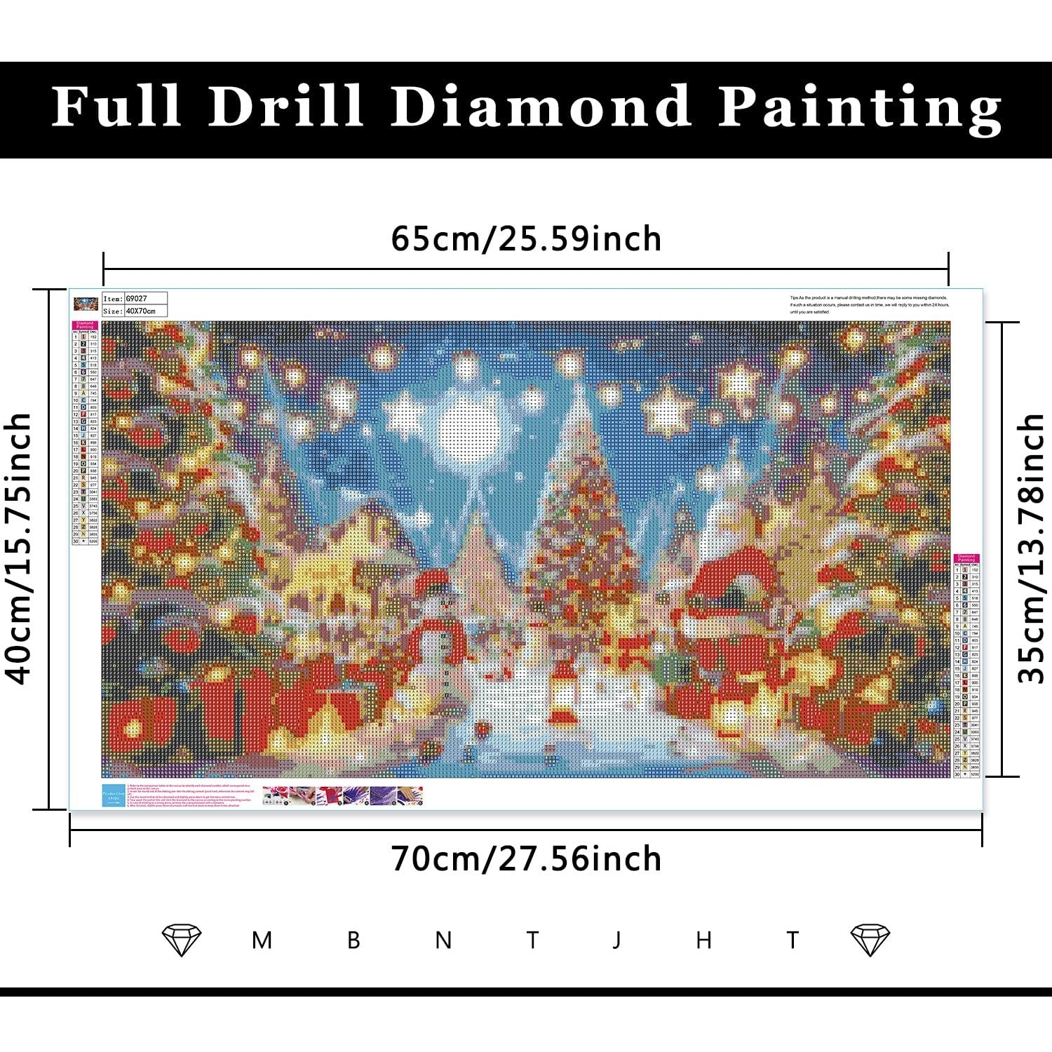 Full drill diamond painting kit featuring a Christmas scene with Santa, snowmen, and a decorated tree, with size dimensions indicated.