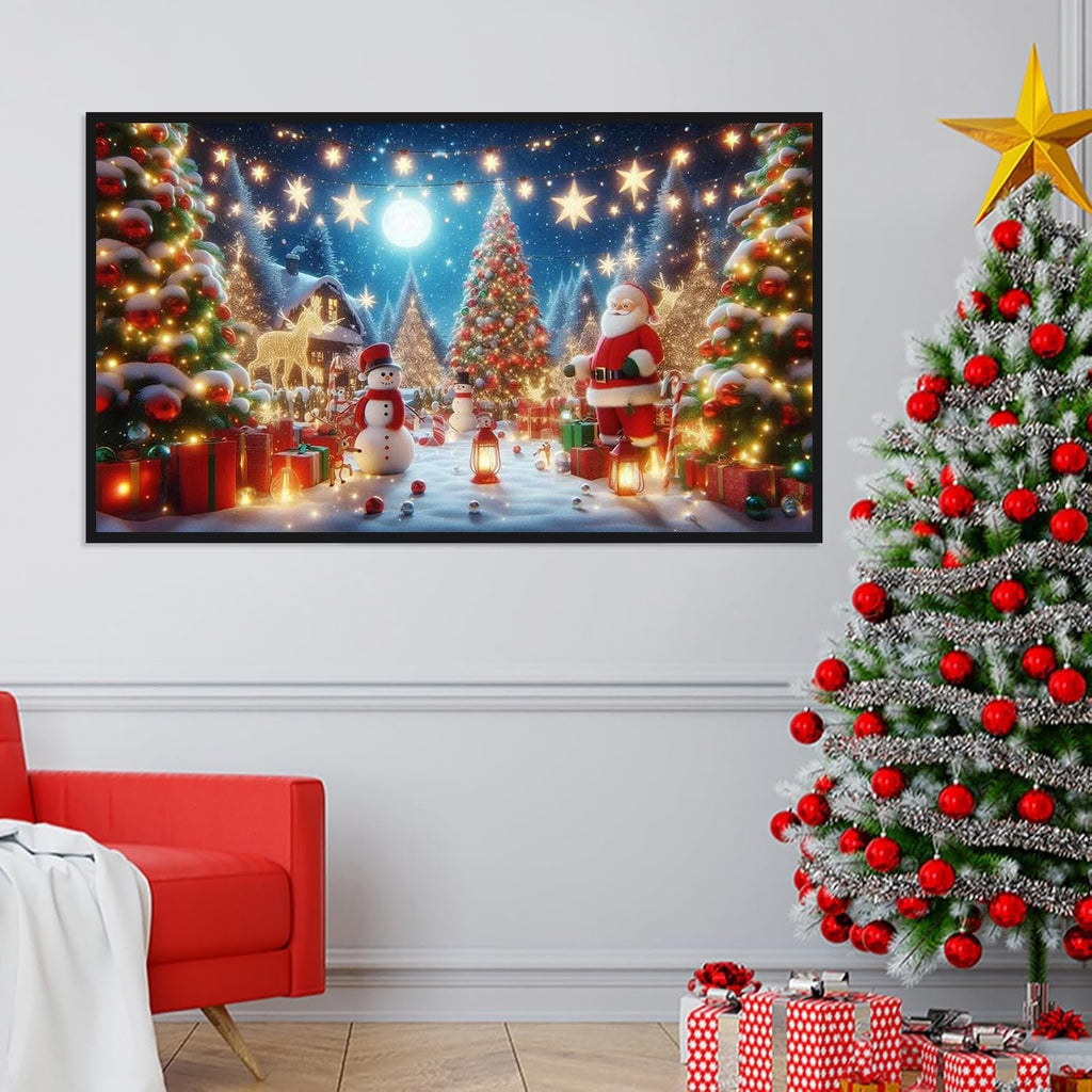 Christmas scene with Santa, snowman, reindeer, and decorated trees in the snow