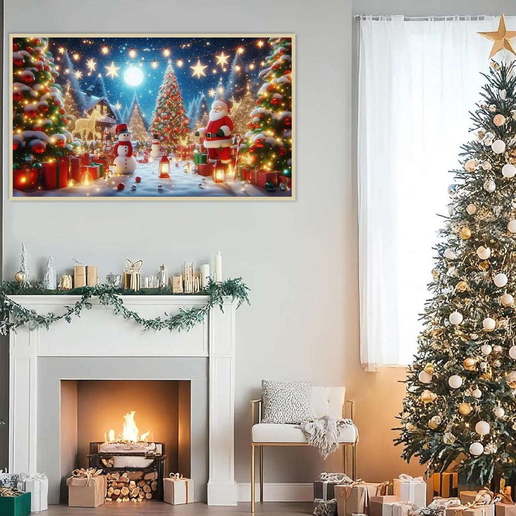 Christmas diamond art kit featuring Santa, snowman, and decorated trees in a snowy village scene, displayed above a fireplace.
