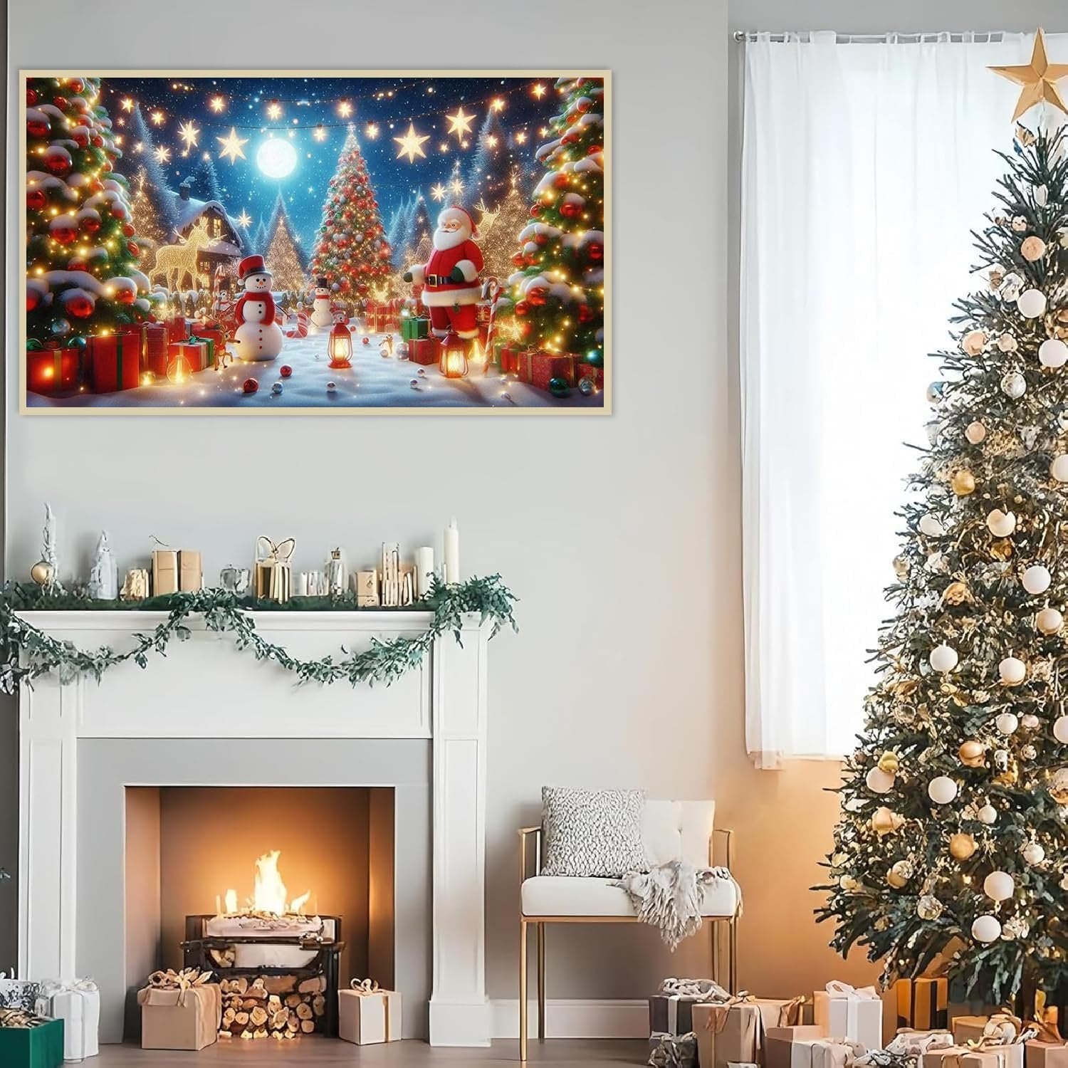 Christmas diamond art kit featuring Santa, snowman, and decorated trees in a snowy village scene, displayed above a fireplace.