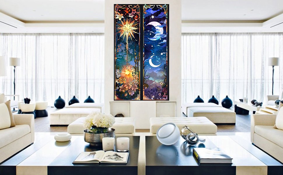 Two vertical diamond paintings depicting sun and moon scenes, displayed in a modern living room.