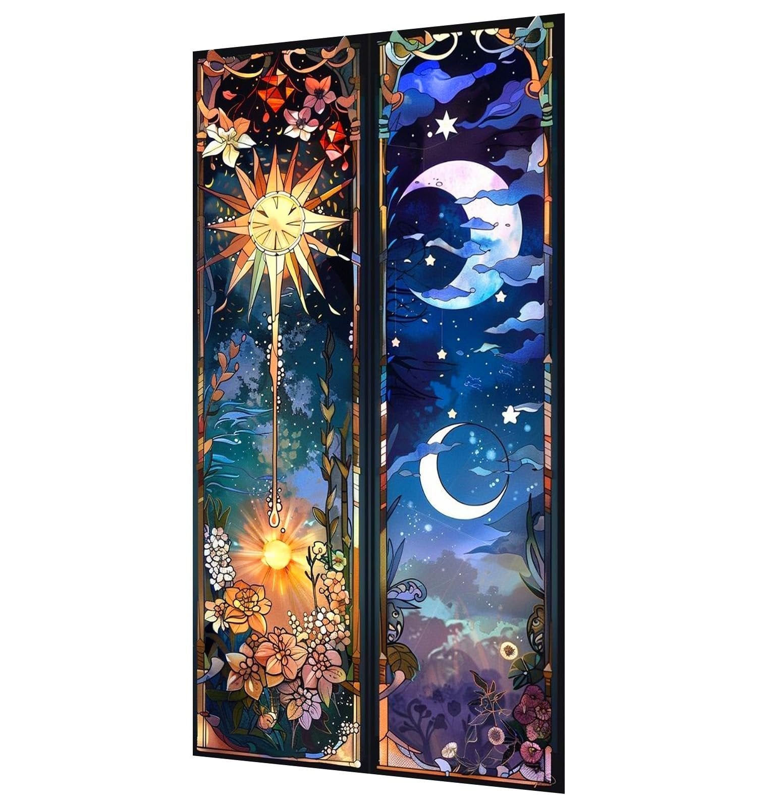 Sun and moon stained glass style diamond painting kit art panels, one with a bright sun and flowers, the other with a crescent moon and stars.