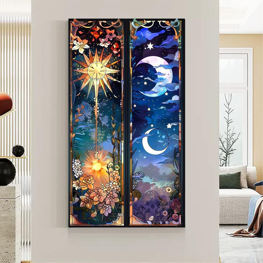 Sun and moon diamond painting kit displayed vertically on a wall, showing a celestial scene with flowers.