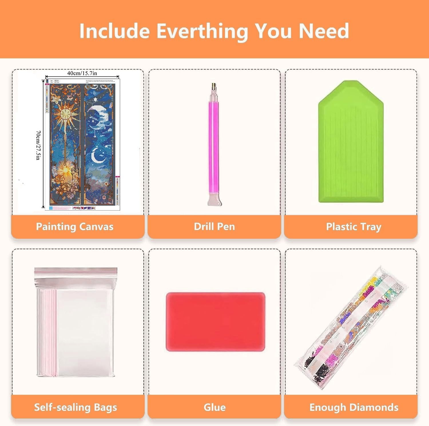 Diamond painting kit contents including canvas, drill pen, plastic tray, bags, glue, and diamonds.