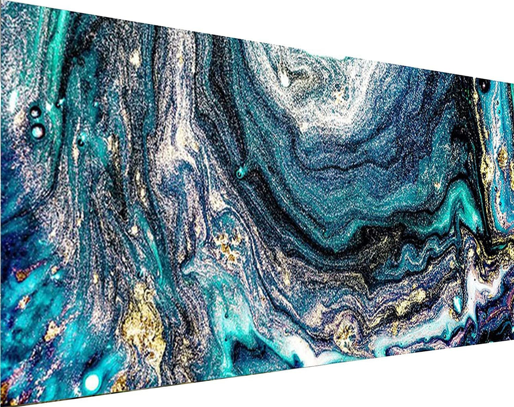 Abstract swirling pattern with teal, blue, black, and gold metallic accents, close-up view.