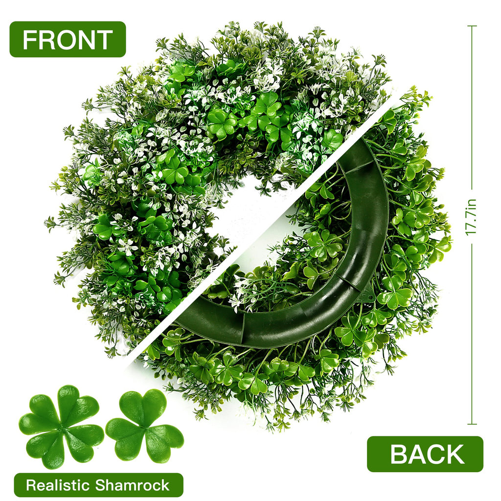 St. Patrick's Day shamrock wreath showing front and back views, with size indicator and loose shamrocks.