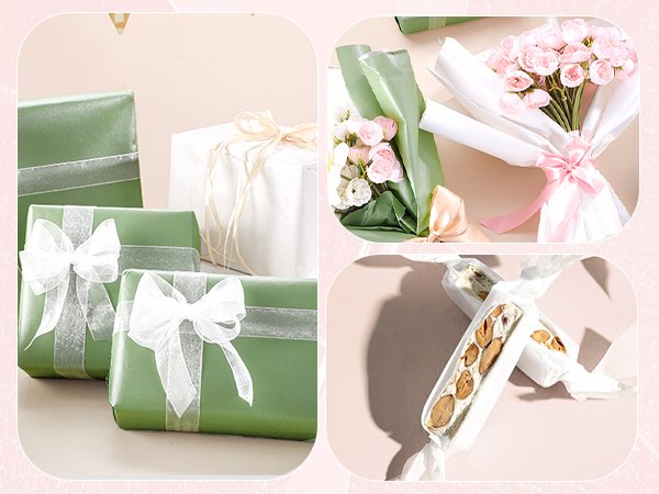 Sage green and white wrapped gifts, bouquets, and candy bars wrapped in paper