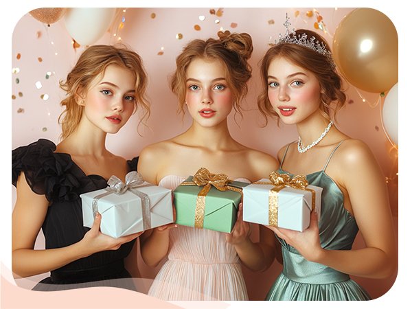 Three young women in formal dresses holding wrapped gifts, with balloons and confetti in the background.