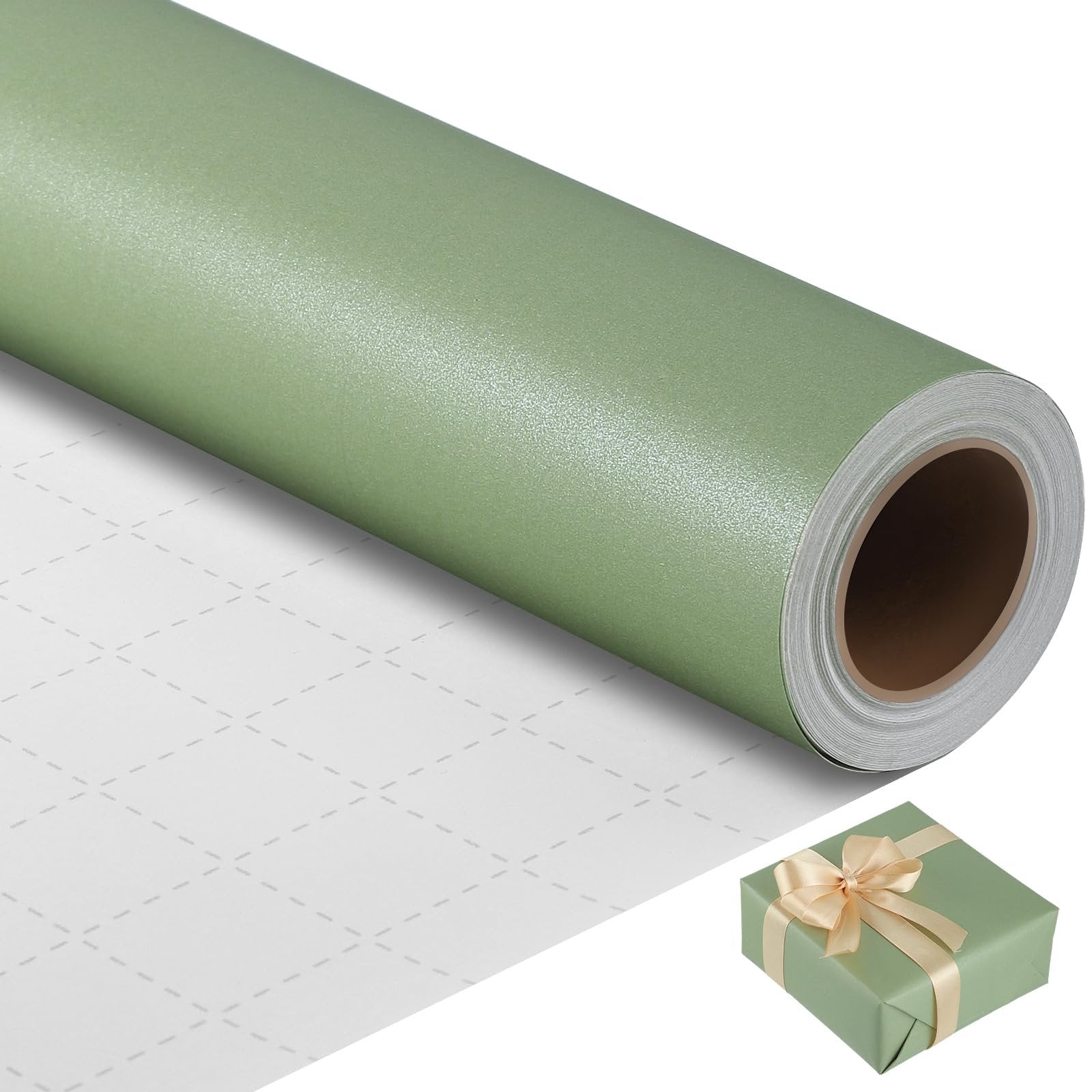 Sage green textured wrapping paper roll with grid lines on the unrolled portion, and a small gift box with a gold ribbon.
