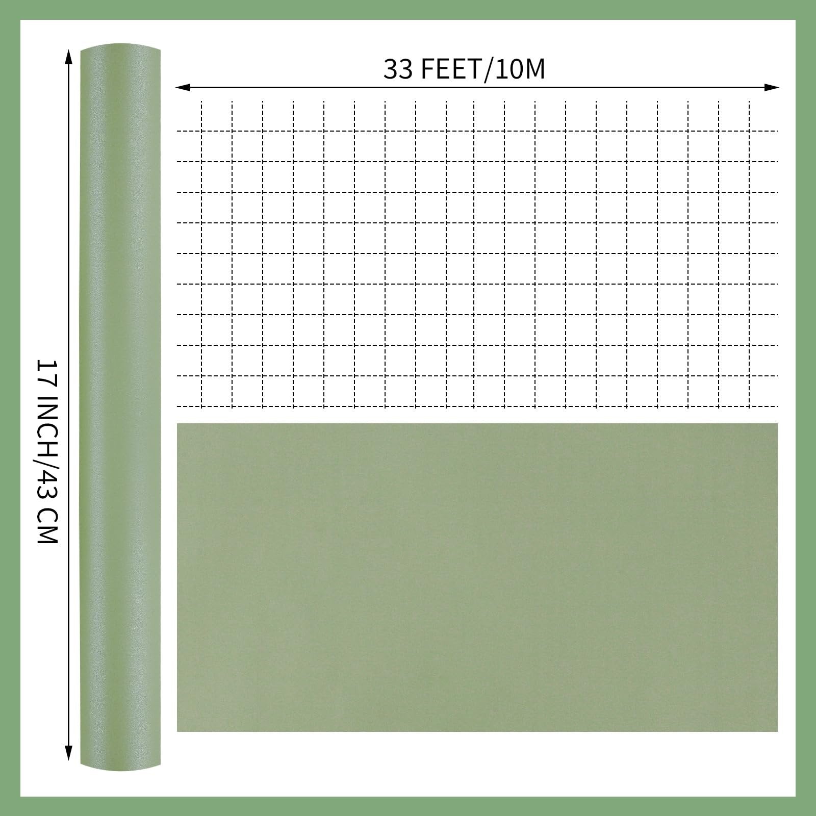 Sage green wrapping paper roll with dimensions and grid overlay