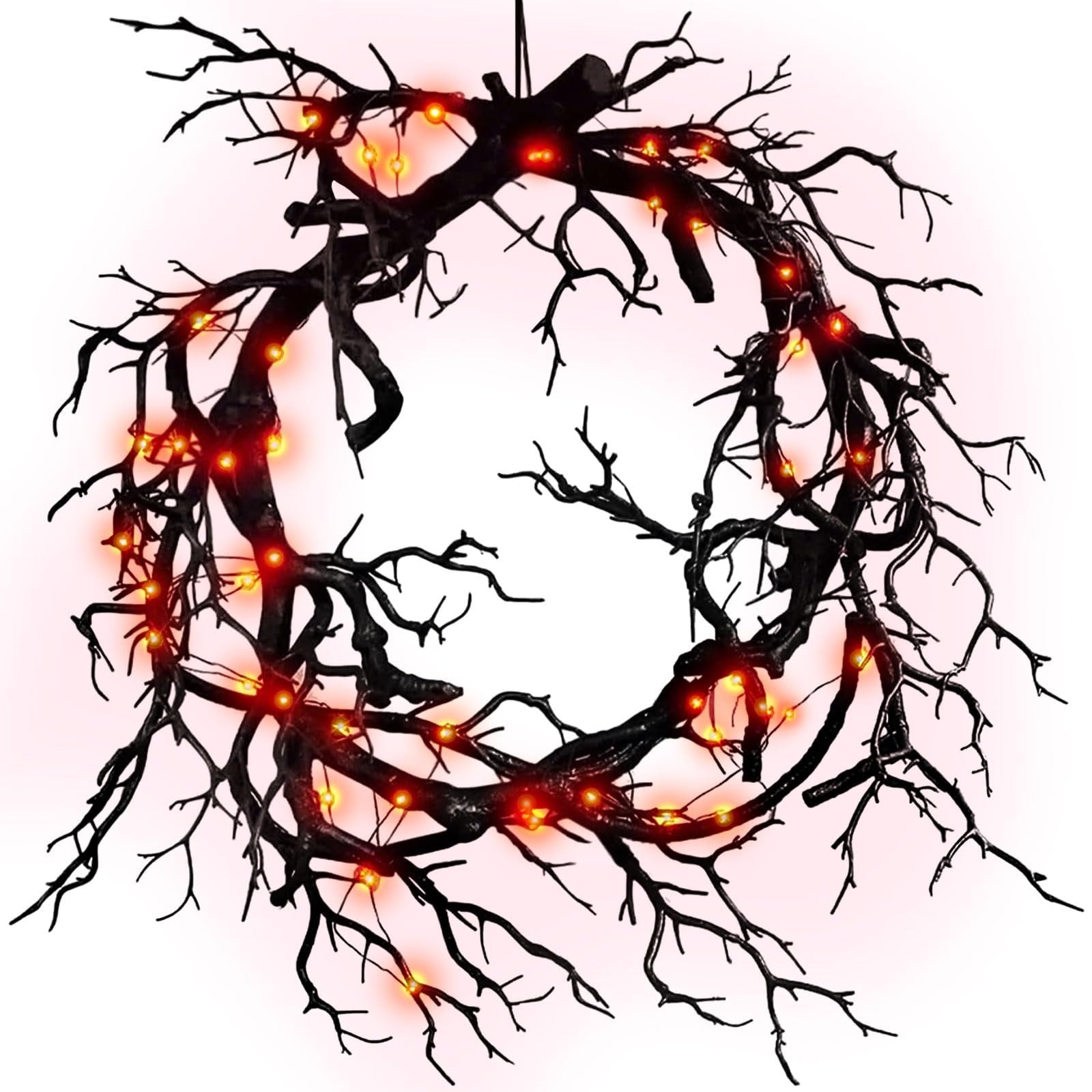 17 inch black twig Halloween wreath with red lights, front view