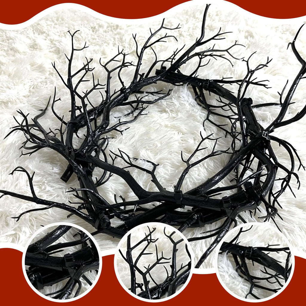 Black twig Halloween wreath with red lights, shown on a white fluffy background with close-up insets.