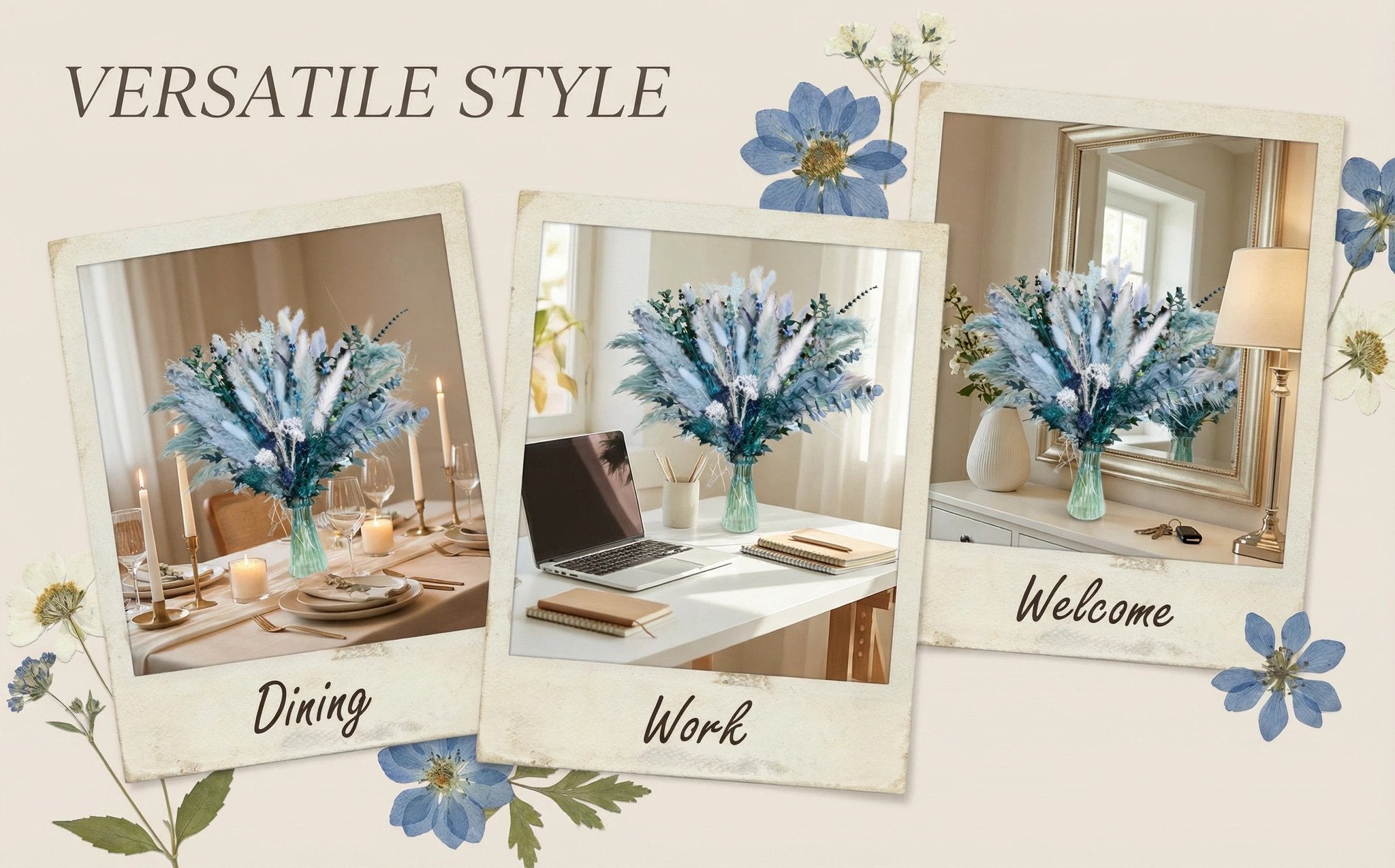 Three styled vignettes showcasing a dusty blue dried floral bouquet in dining, work, and entryway settings.