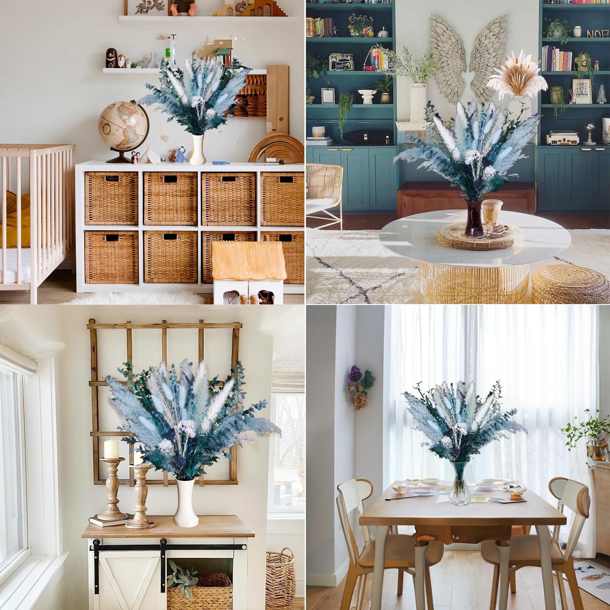Bouquet of dried pampas grass, reeds, eucalyptus, bunny tail, and lavender in a vase, displayed in four different home settings.