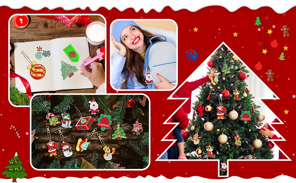 Collage of diamond art Christmas keychain kit components and lifestyle images: making keychains, a woman with a keychain, and ornaments on a Christmas tree.