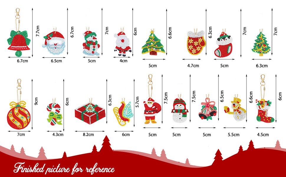 Diamond art Christmas keychain kit showing finished ornaments with dimensions: bell, Santa, snowman, candy cane, gift box, sleigh, tree, stocking, mitten, bauble, and more.