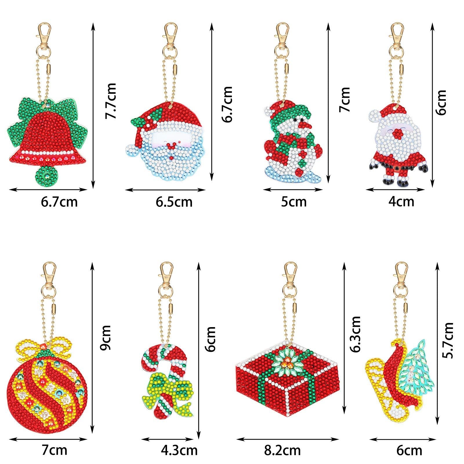 Diamond art keychain kit with 8 Christmas themed designs including Santa, snowman, bell, ornament, candy cane, gift box, and sleigh. Dimensions are shown for each.