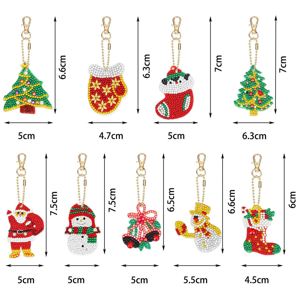 Diamond art Christmas keychains including a tree, mitten, stocking, Santa, snowman, and bell with size dimensions shown.
