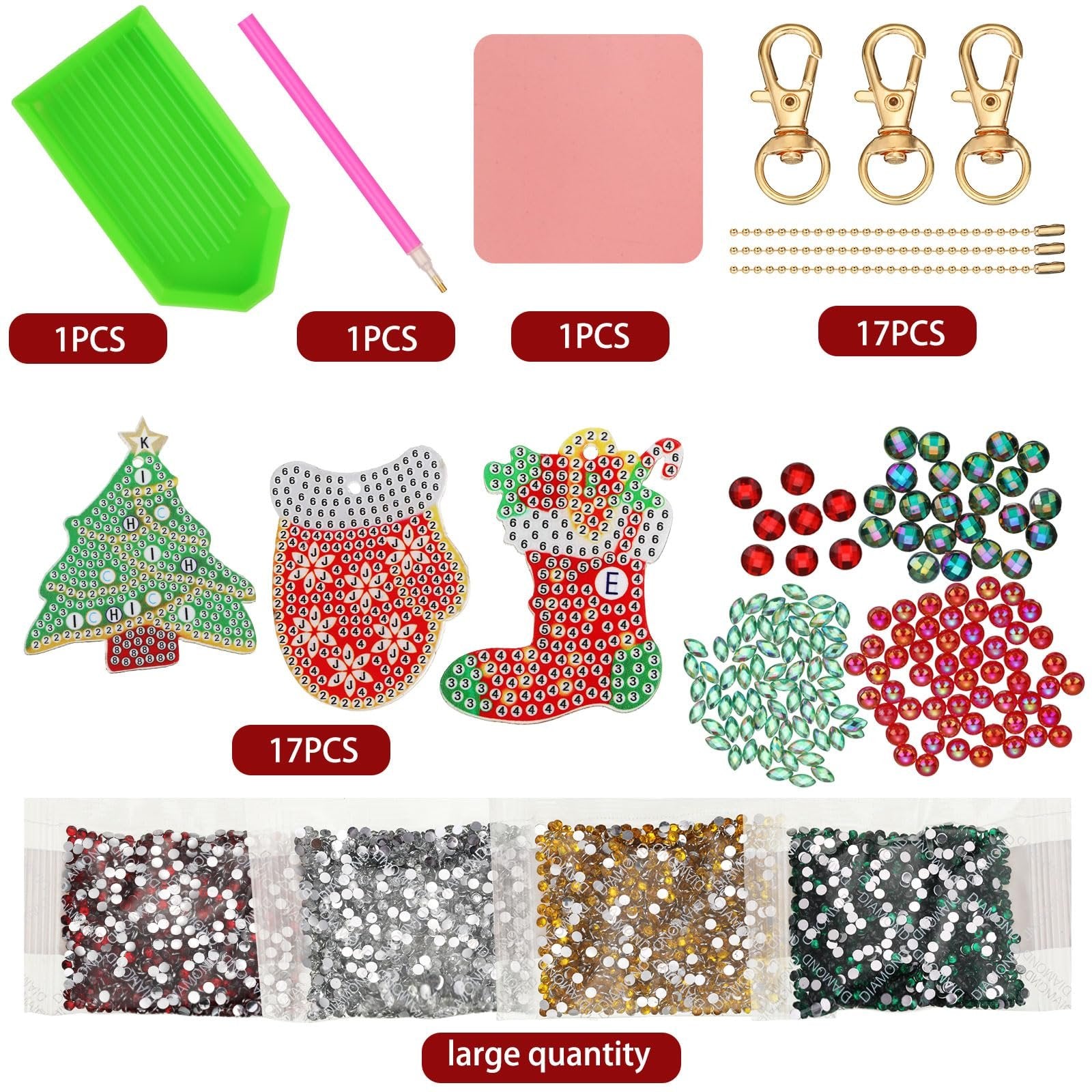 Diamond art keychain kit contents including tray, pen, pink square, gold clasps, chains, and various rhinestones in Christmas shapes like trees and stockings.