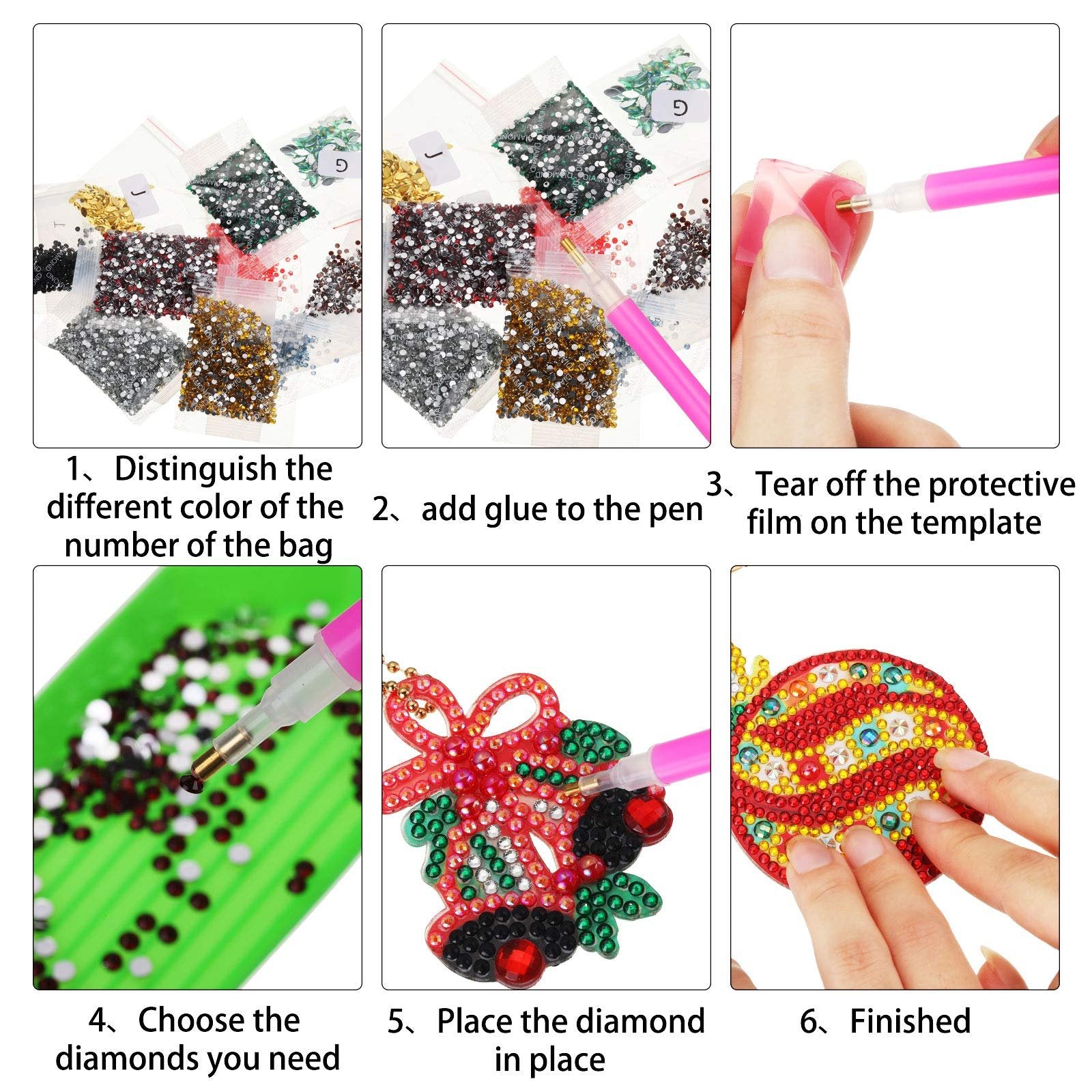 Diamond art keychain kit instructions showing diamond sorting, pen application, template prep, diamond placement, and finished ornaments.