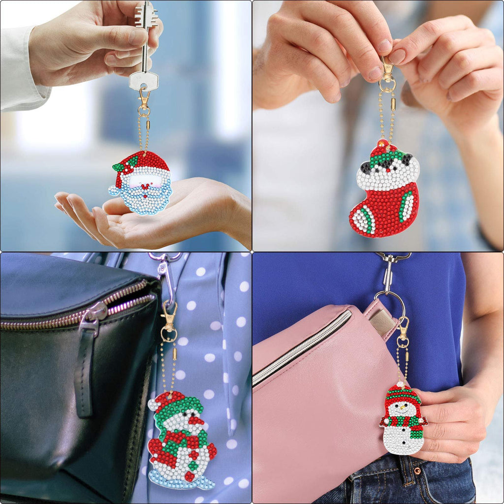 Diamond art keychains featuring Santa, a stocking, and a snowman, shown attached to keys and bags.