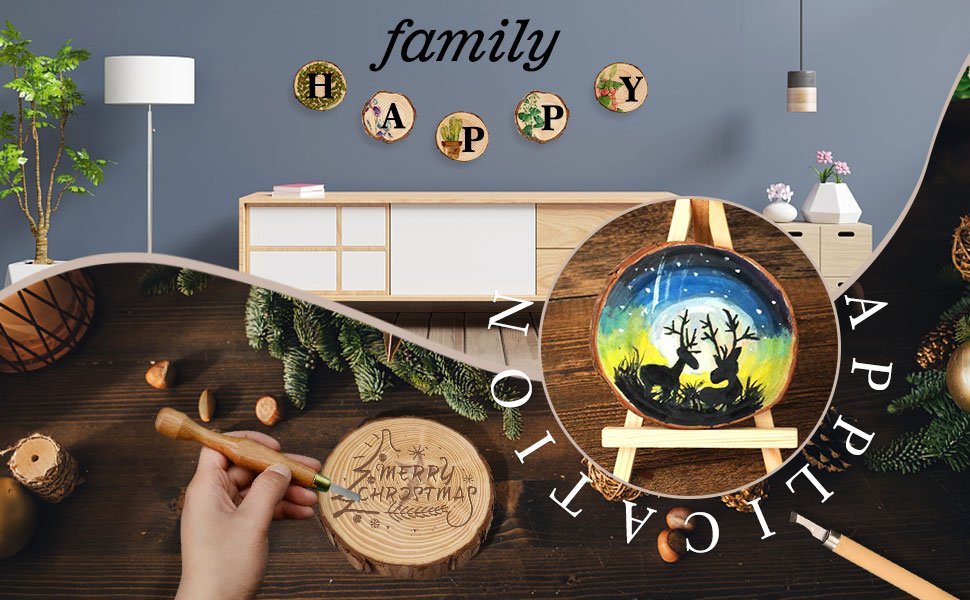 Unfinished wood slices decorated with letters and holiday designs, one being carved with 'Merry Christmas'