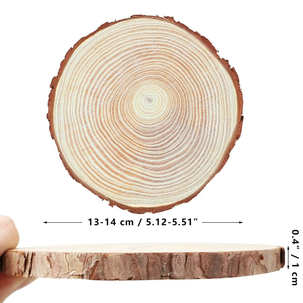 Unfinished wood slice showing growth rings and bark, with dimensions indicated.