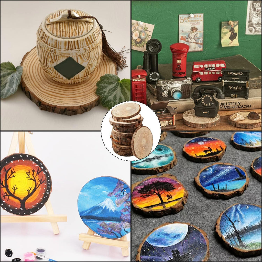 Collage of unfinished wood slices, painted wood slices, and decorative items.