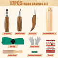 17-piece wood carving kit contents laid out: three knives, nine basswood blocks, roll bag, safety gloves, leather strop, polishing compound, and manual.