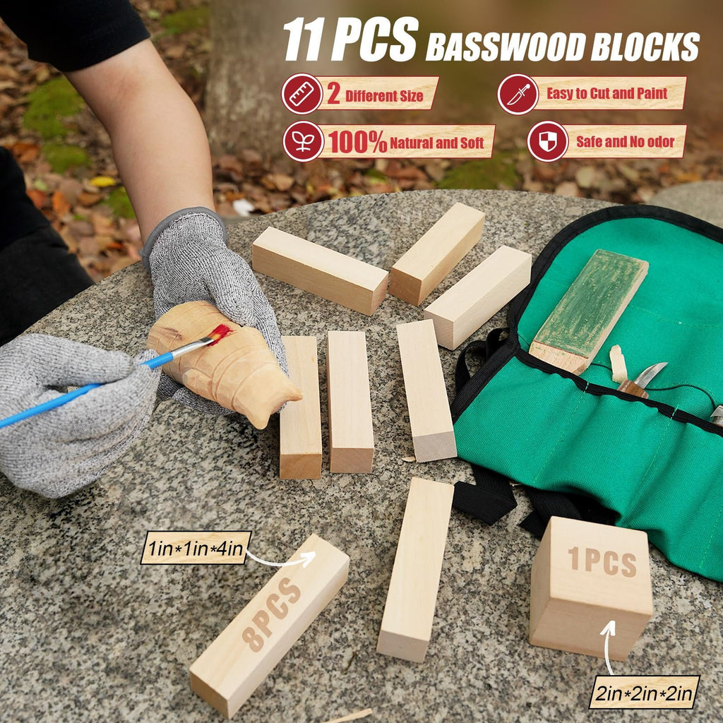 Wood carving kit with basswood blocks, gloves, and tools laid out on a stone table, with a person carving a wooden object.