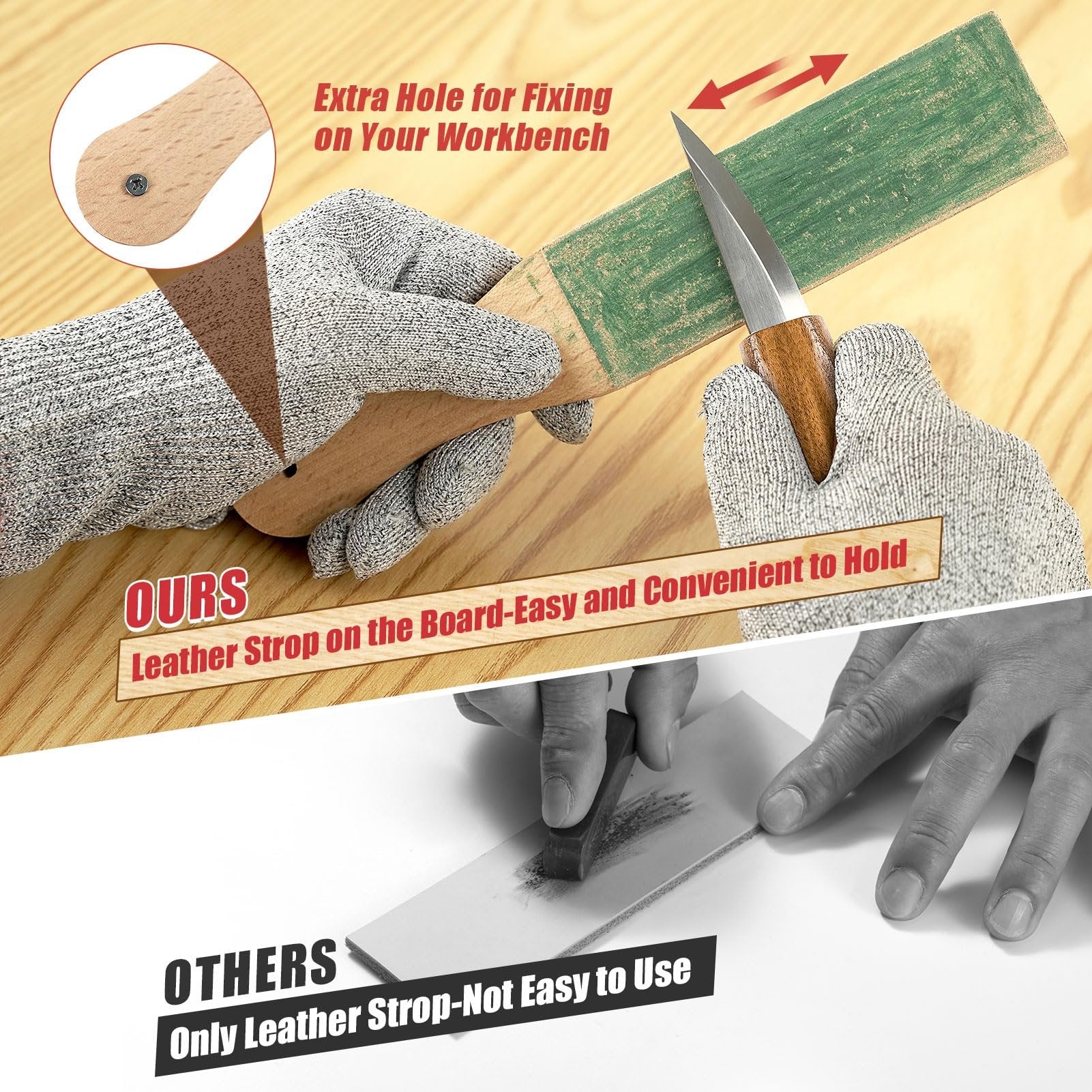Wood carving kit demonstration showing a leather strop on a board with a knife and protective gloves
