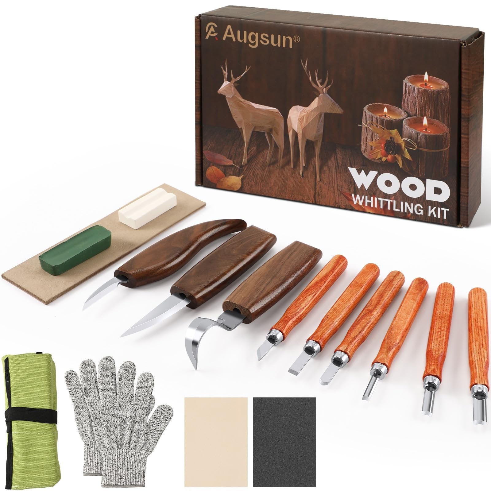 Wood carving kit with various knives, gloves, sharpening stones, and storage bag, shown with product box.