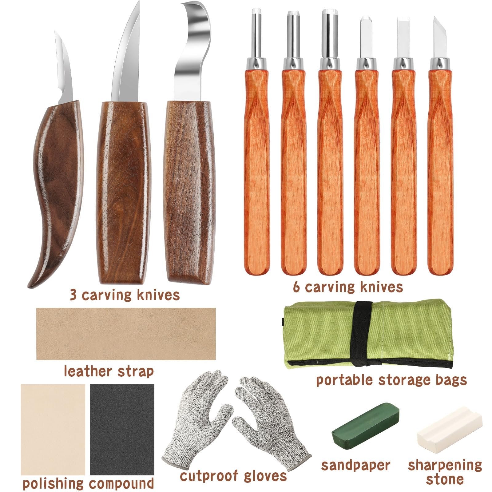 Wood carving kit contents including knives, gloves, sharpening stone, polishing compound, and storage bag.