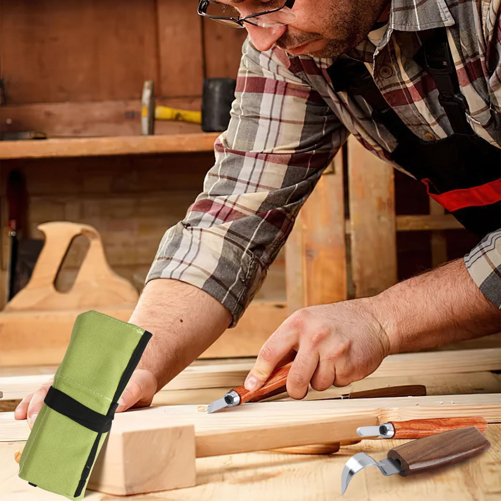 Man carving wood with a set of carbon steel knives, showing the tools and a green storage bag.