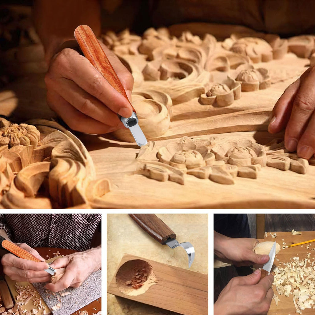 Collage of wood carving with carbon steel knives and wooden handles, showing detailed work on wood.