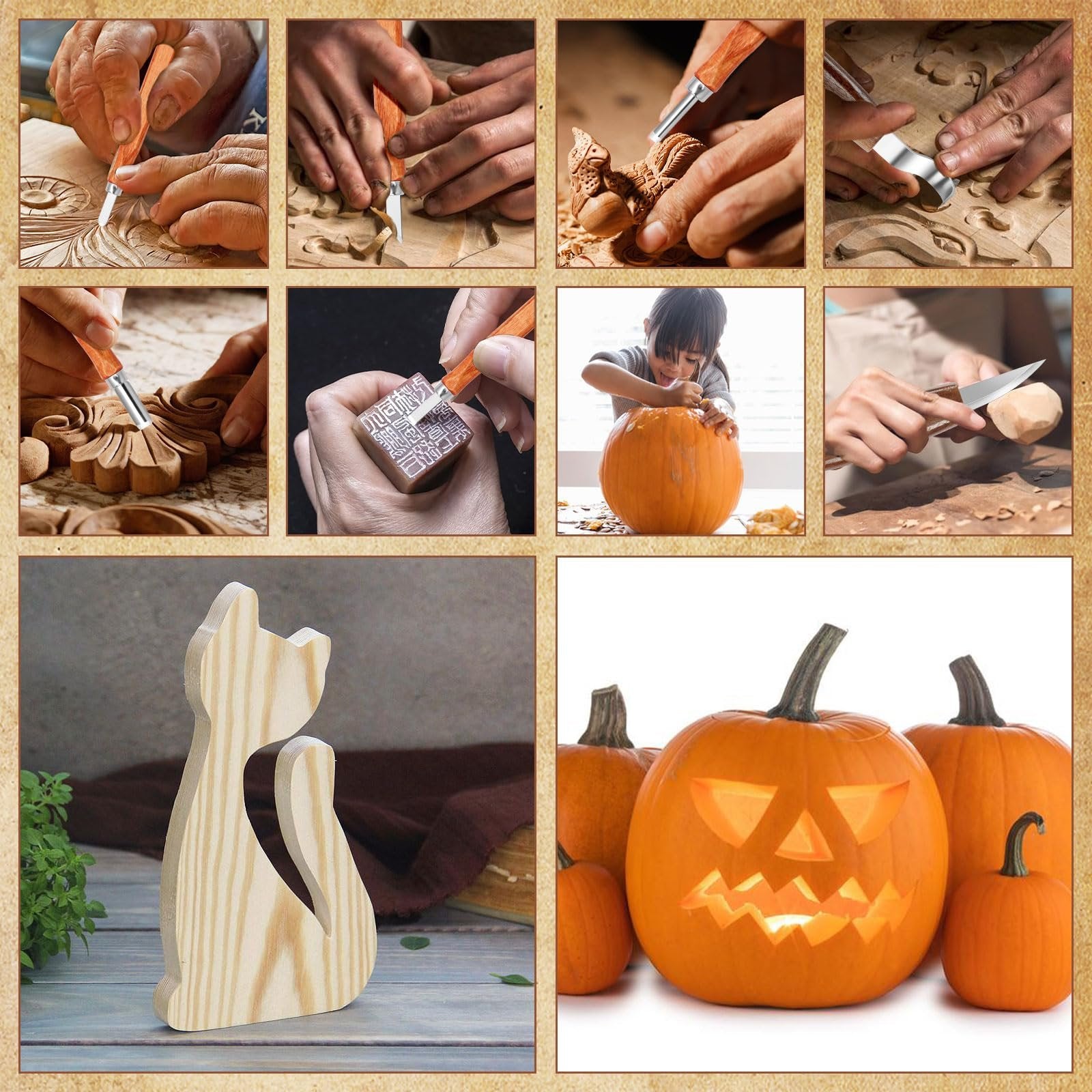 Collage of wood carving and pumpkin carving activities, including close-ups of hands using carving tools on wood and a child carving a pumpkin.