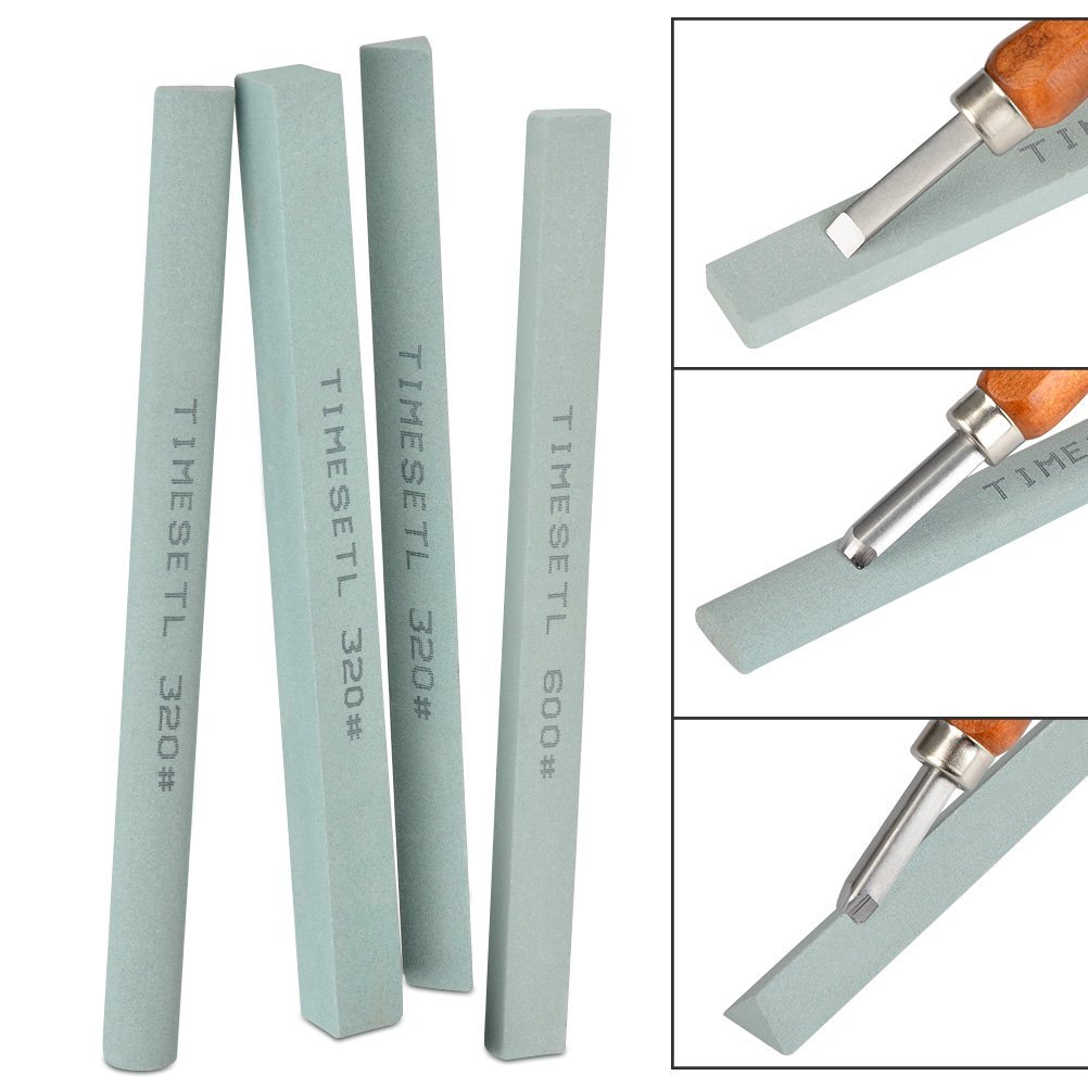Four sharpening stones with ' 320#' and ' 600#' text, alongside three close-up shots of carving tools on sharpening stones.