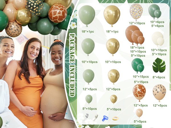 Jungle safari balloon arch garland kit with sage green, brown, animal print balloons and palm leaves, shown with pregnant women celebrating.