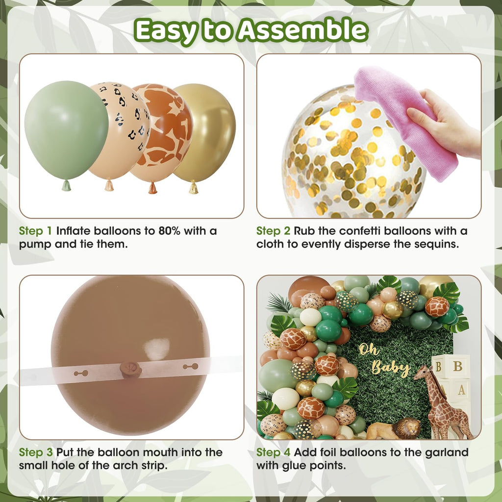 Jungle safari balloon arch garland kit assembly steps with sage green, brown, and animal print balloons.