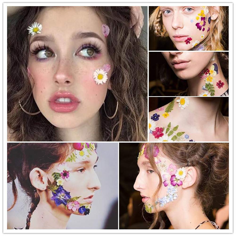 Collage of models with dried pressed flowers and leaves applied to their faces and necks for decoration.