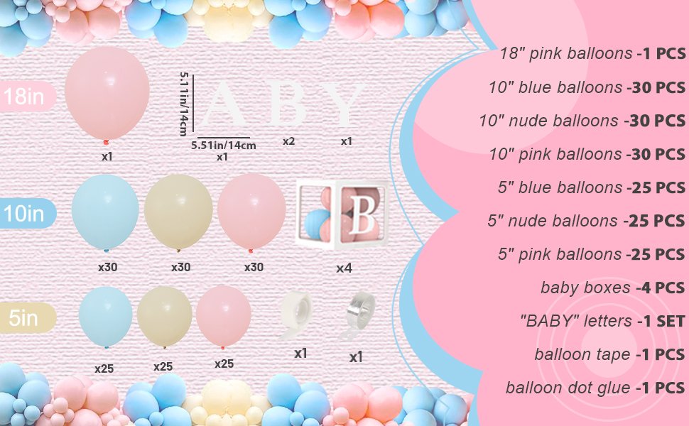 Gender reveal party decoration set contents including pink, blue, and nude balloons in various sizes, baby boxes, and balloon accessories.