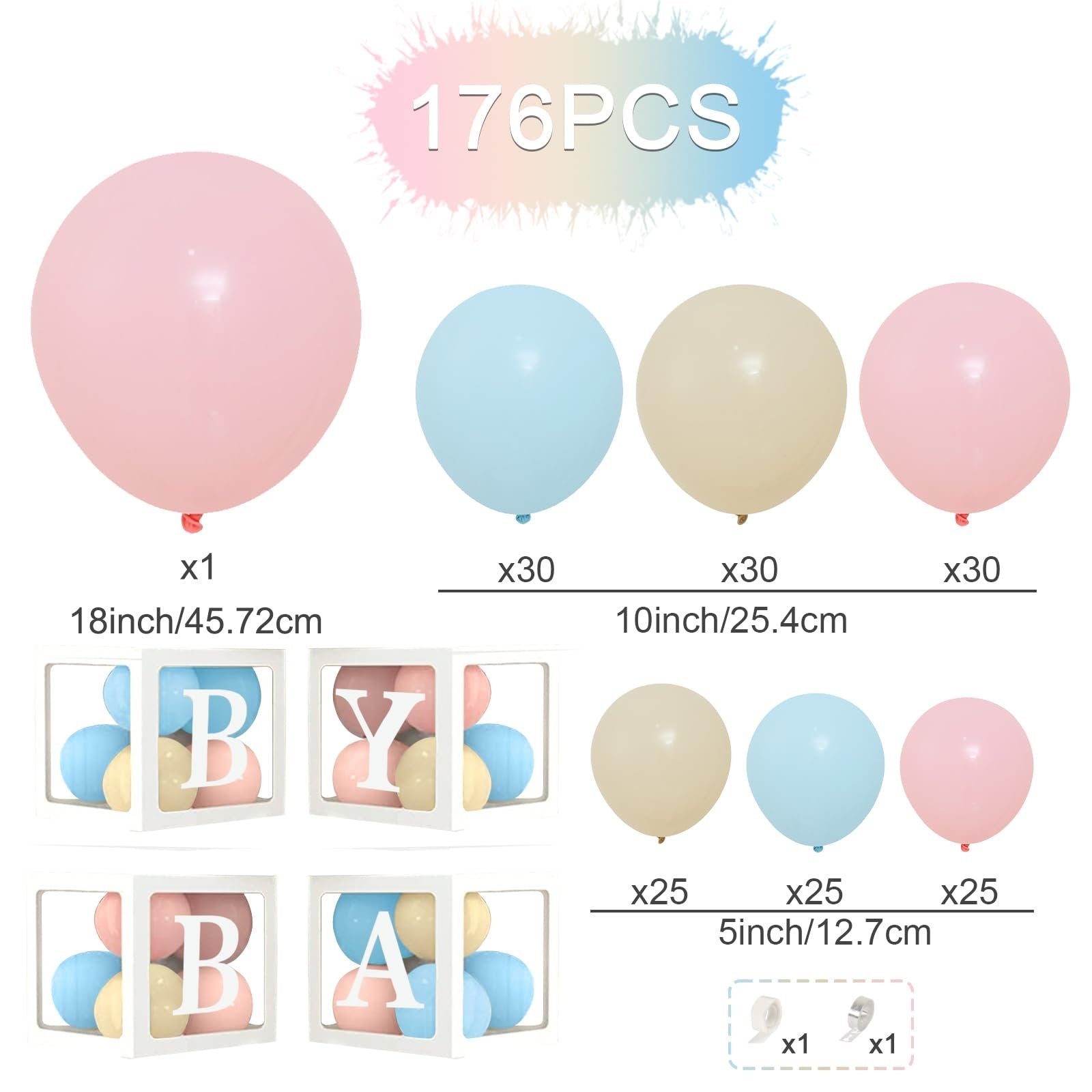 Gender reveal party decoration set with pink, blue, and cream balloons, baby boxes spelling 'BABY', and accessories.