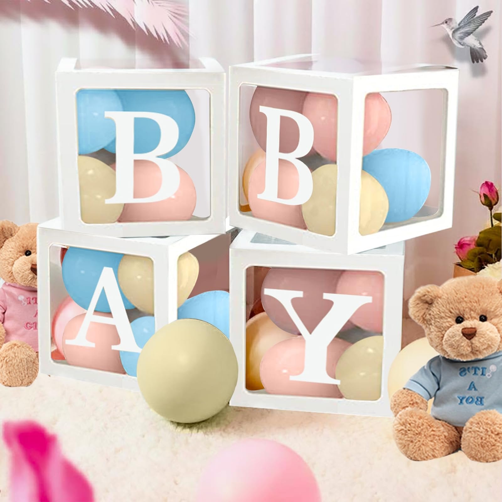 Four white baby blocks spelling 'BABY' with pink, blue, and cream balloons inside, next to teddy bears and flowers.
