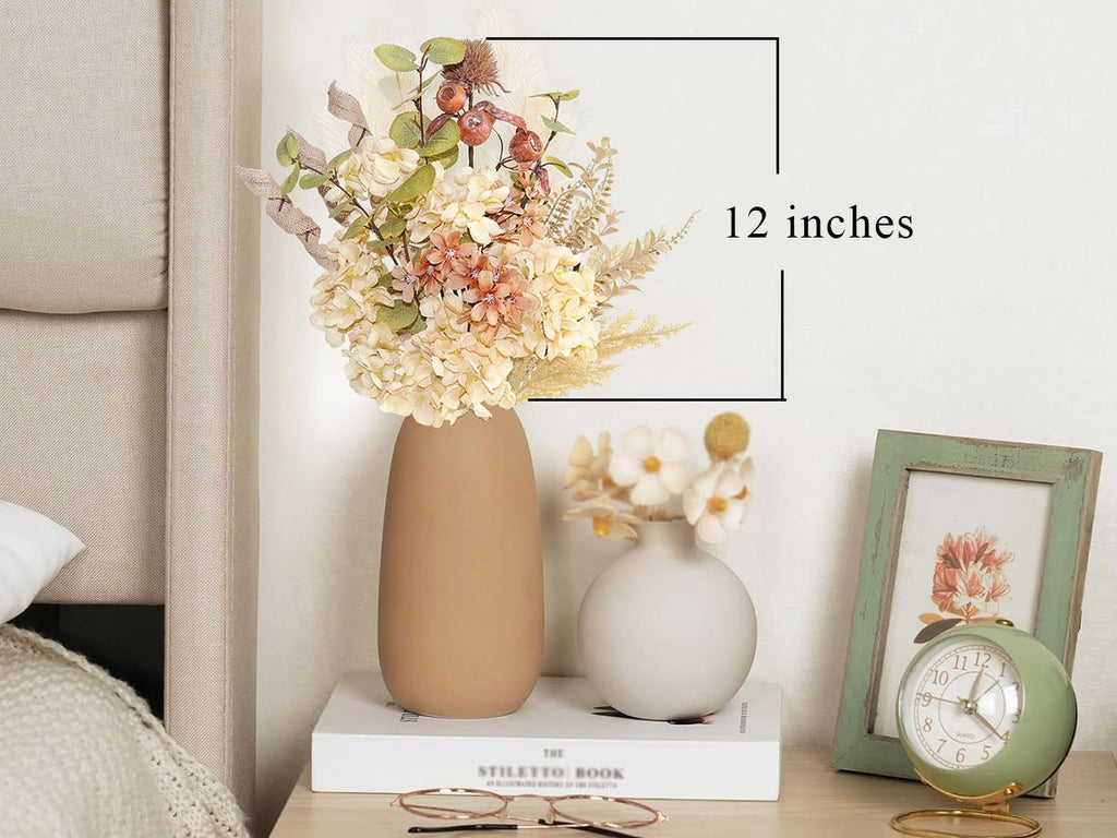 Fall floral arrangement in a tan vase with a measurement overlay indicating 12 inches.