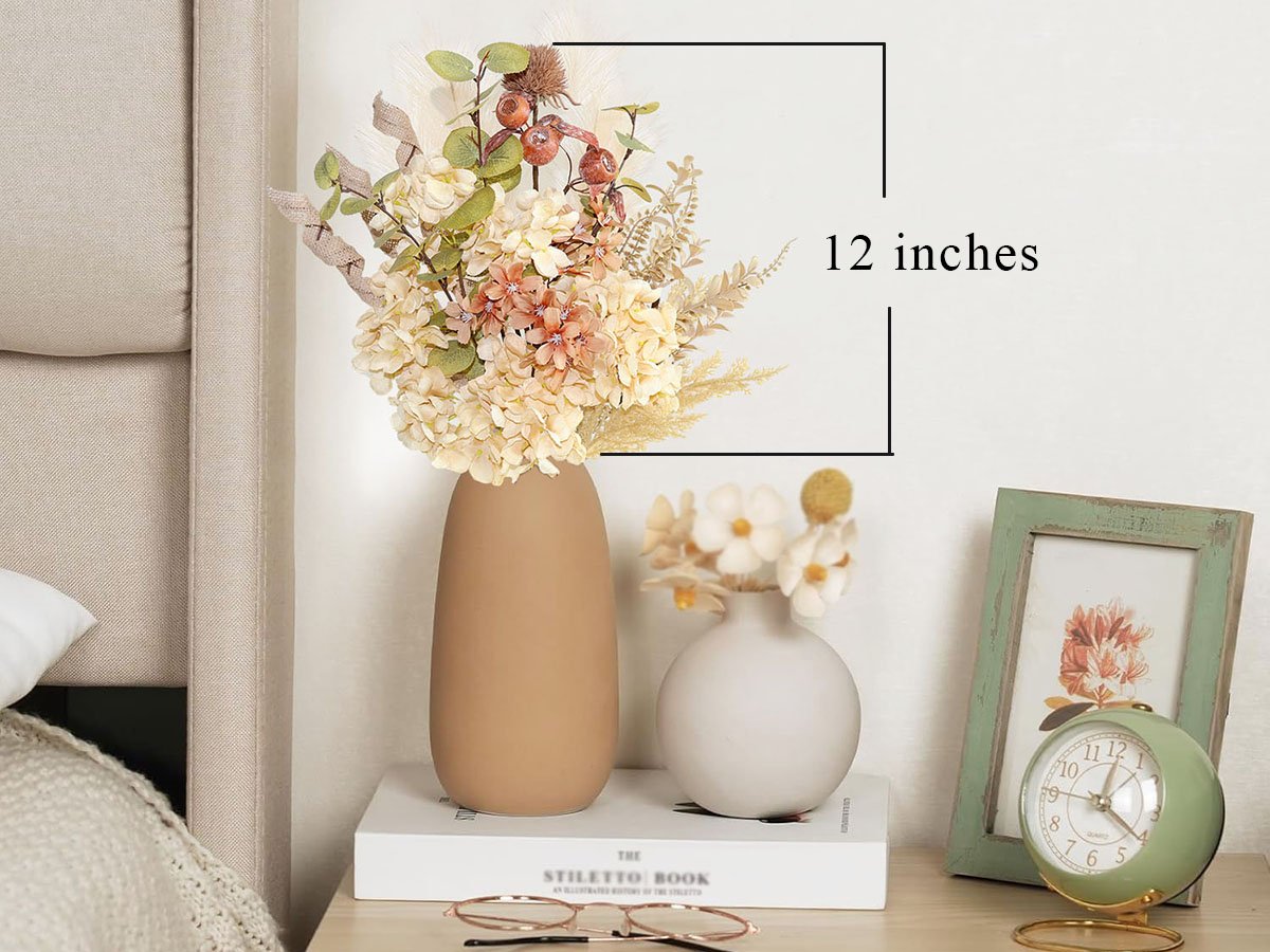 Fall floral arrangement in a tan vase with a measurement overlay indicating 12 inches.