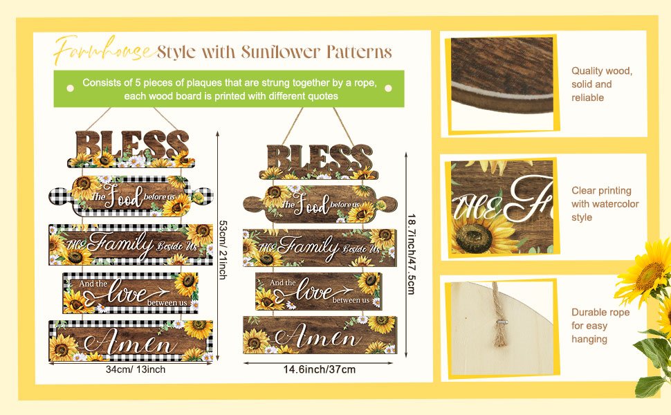 Farmhouse style wooden sunflower kitchen wall sign with 5 plaques and rope, showing quotes like Bless, The Food Before Us, Our Family Beside Us, And the Love Between Us, Amen.