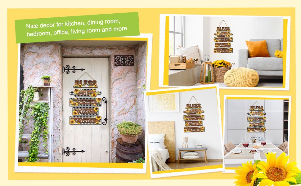 Collage of wooden sunflower wall signs with inspirational text displayed in various home settings.
