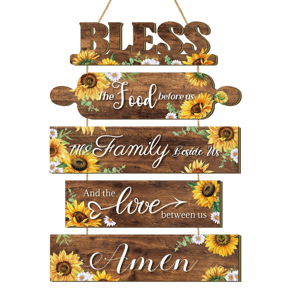 Wooden sunflower kitchen wall sign with text 'Bless the food before us, the family beside us, and the love between us. Amen.'